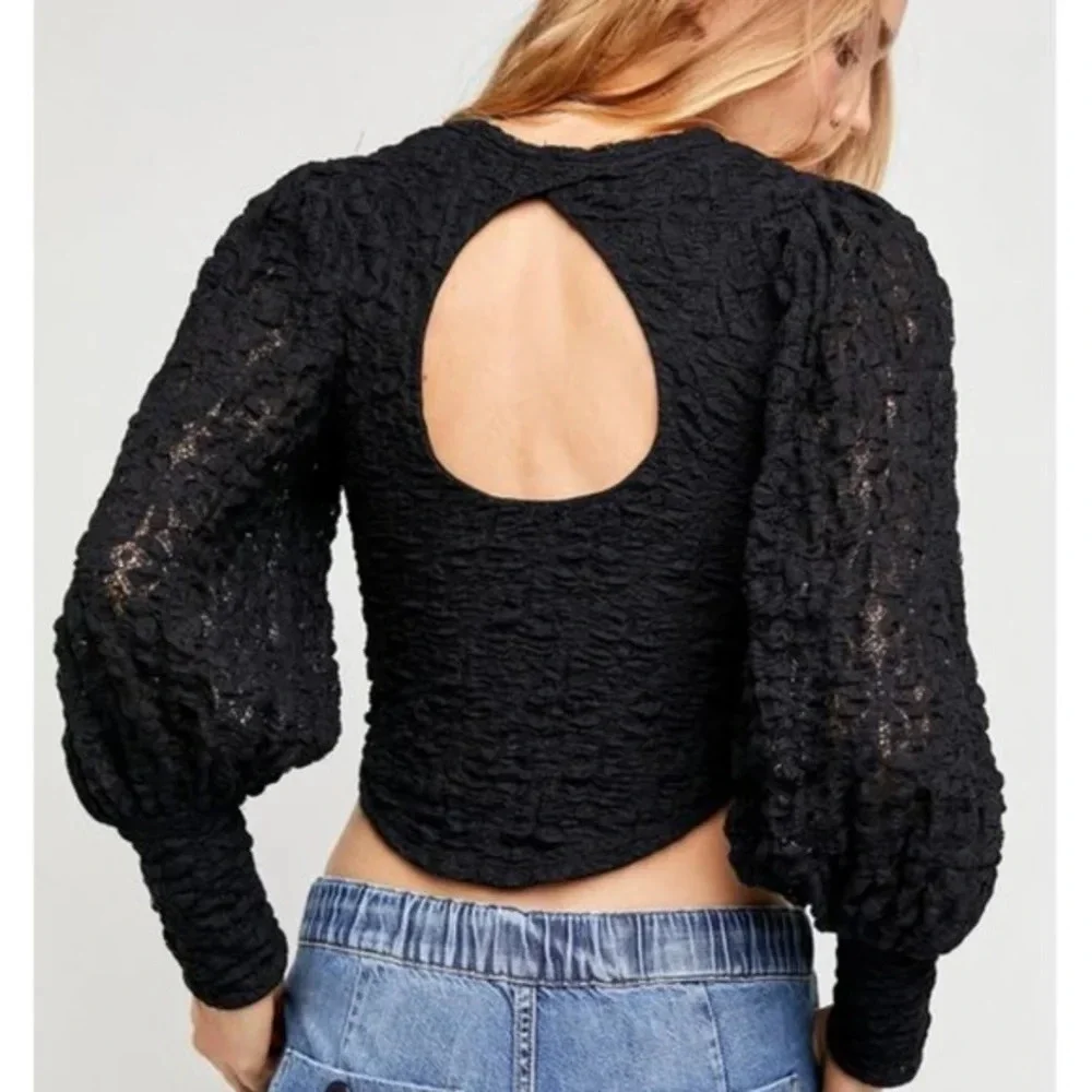 Free People Tea Time Puff Sleeve Black Top XL